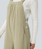 Ribbed Square Neck Fleece Casual Dungarees with Pockets — Gray Green — view 6