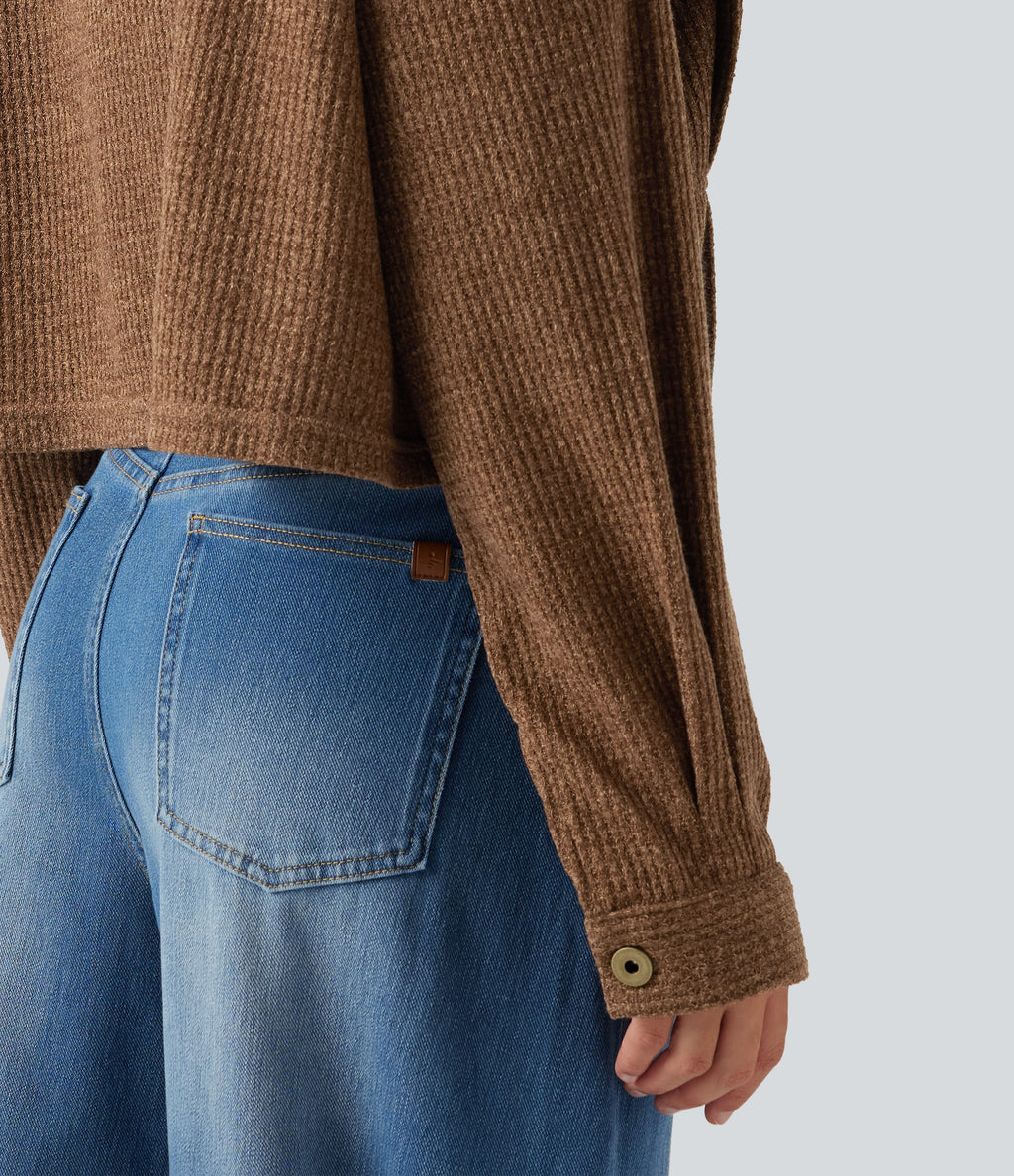 Long Sleeve Knit Waffle Casual Jacket with Pockets — Toffee — view 5