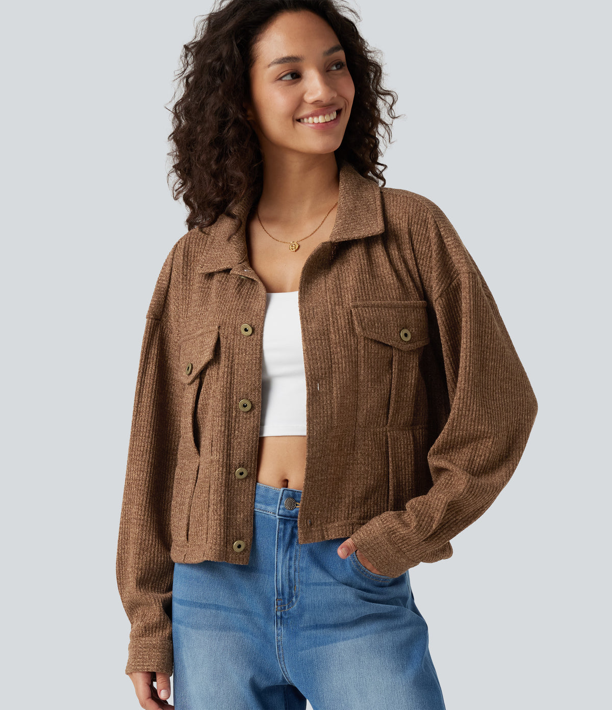 Long Sleeve Knit Waffle Casual Jacket with Pockets — Toffee — view 3
