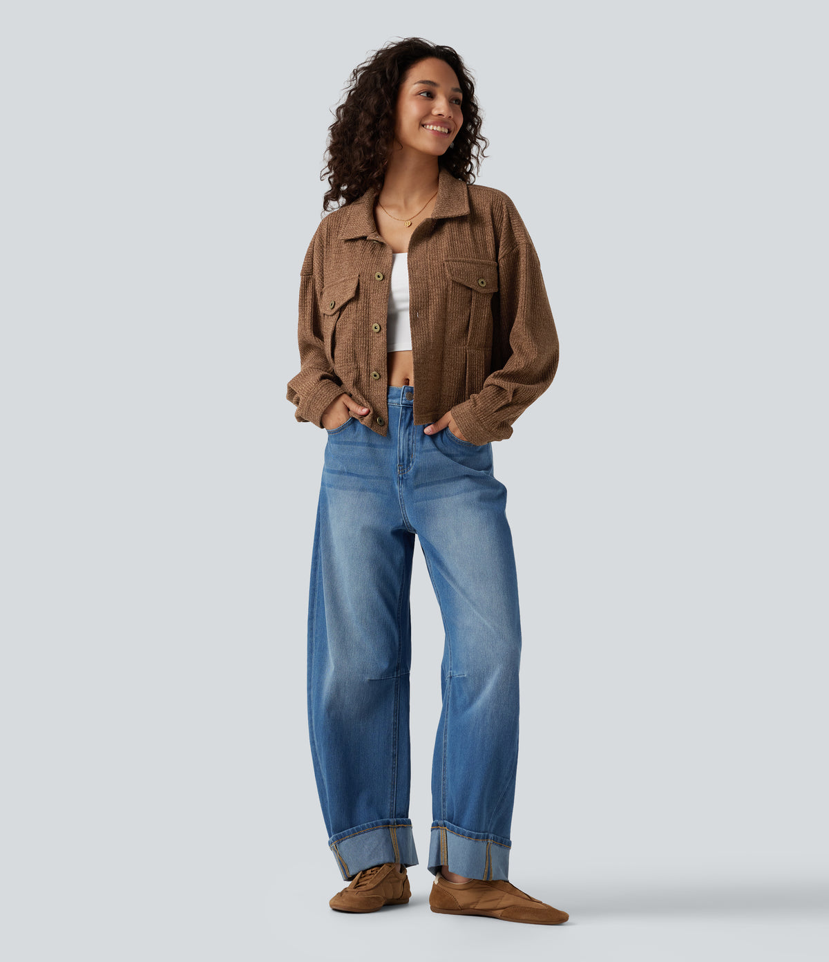 Long Sleeve Knit Waffle Casual Jacket with Pockets — Toffee — view 6
