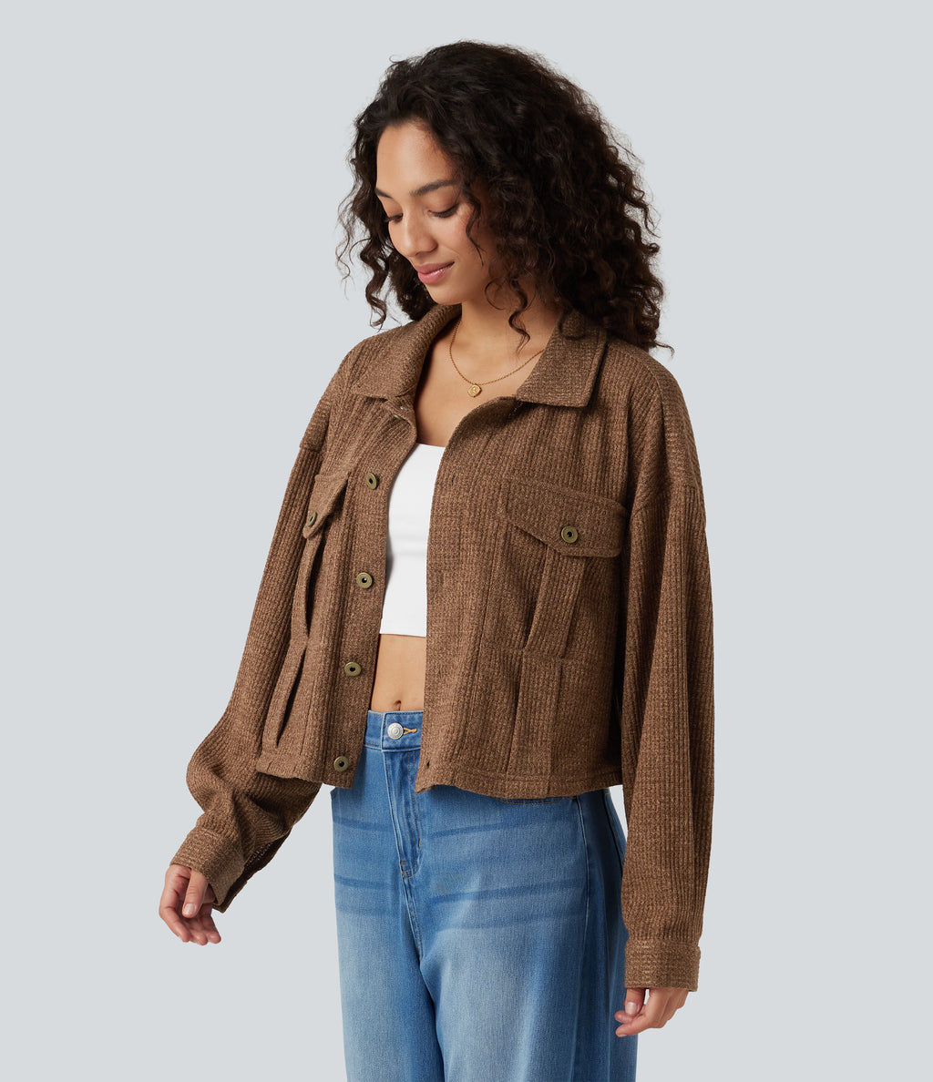 Long Sleeve Knit Waffle Casual Jacket with Pockets — Toffee — view 1