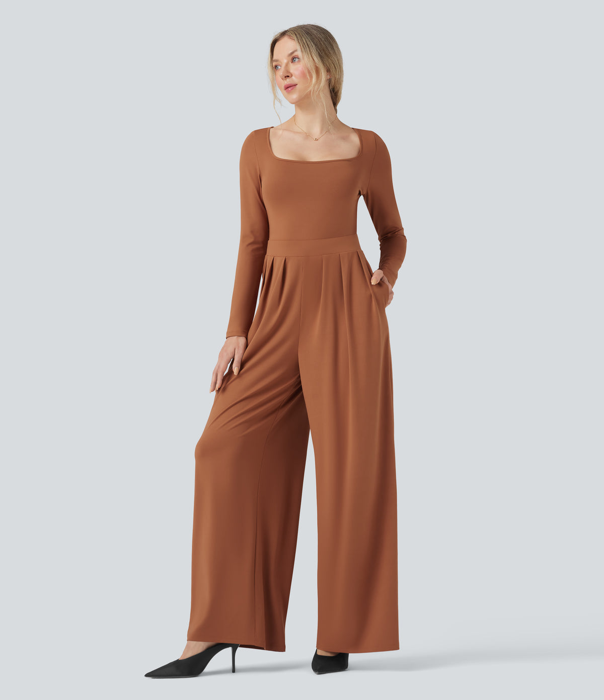 U-Neck Long Sleeve Wide Leg Casual Jumpsuit with Pockets — Sudan Brown — view 4