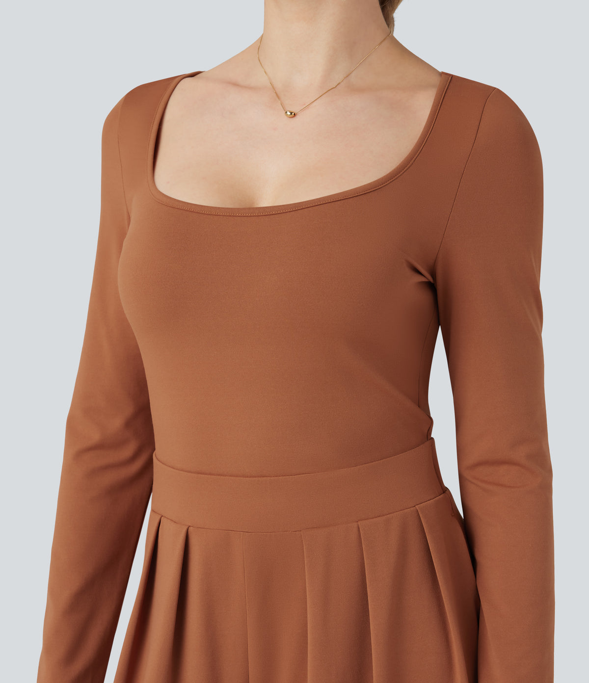 U-Neck Long Sleeve Wide Leg Casual Jumpsuit with Pockets — Sudan Brown — view 5
