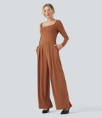 U-Neck Long Sleeve Wide Leg Casual Jumpsuit with Pockets — Sudan Brown — view 3