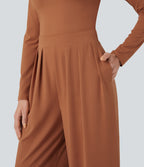 U-Neck Long Sleeve Wide Leg Casual Jumpsuit with Pockets — Sudan Brown — view 6