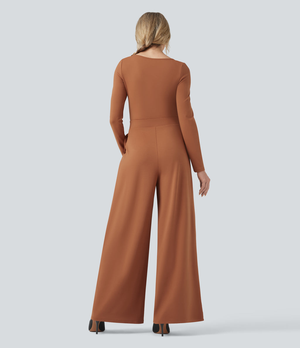 U-Neck Long Sleeve Wide Leg Casual Jumpsuit with Pockets — Sudan Brown — view 2