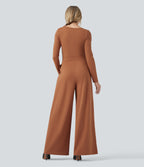 U-Neck Long Sleeve Wide Leg Casual Jumpsuit with Pockets — Sudan Brown — view 2
