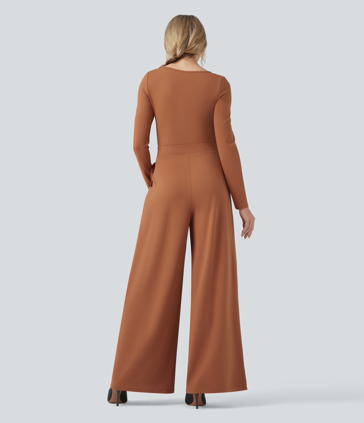 U-Neck Long Sleeve Wide Leg Casual Jumpsuit with Pockets — Sudan Brown — view 2