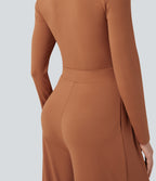 U-Neck Long Sleeve Wide Leg Casual Jumpsuit with Pockets — Sudan Brown — view 7