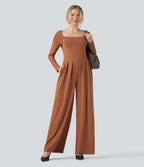 U-Neck Long Sleeve Wide Leg Casual Jumpsuit with Pockets — Sudan Brown — view 1