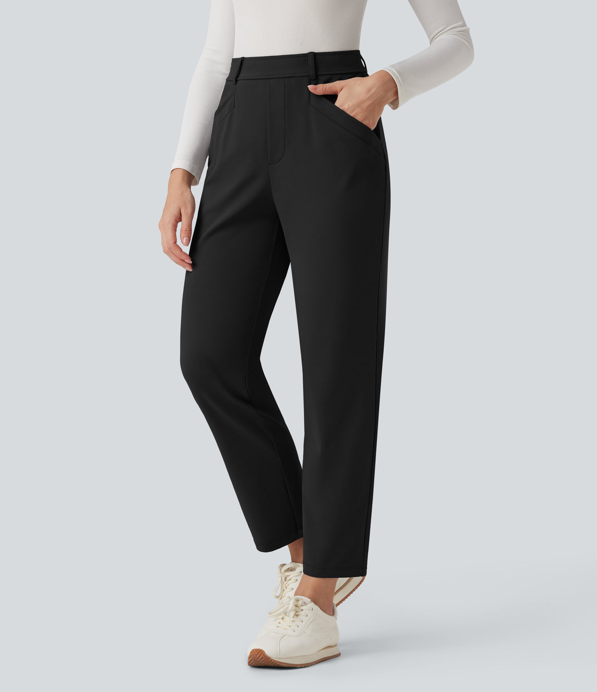 High Waisted 7/8 Work Tapered Trousers with Pockets — Black — view 7