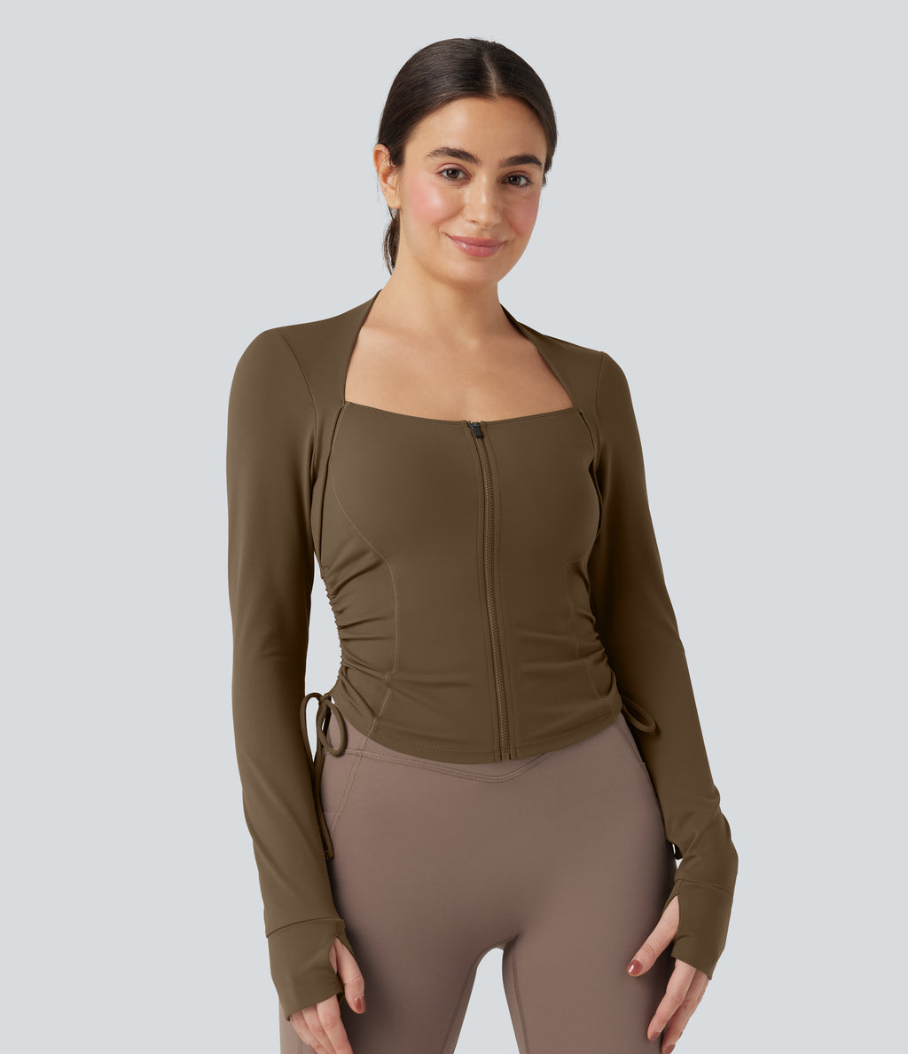 Plush Long Sleeve Thumb Hole Drawstring Yoga Jacket — Chestnut Brown — view 1