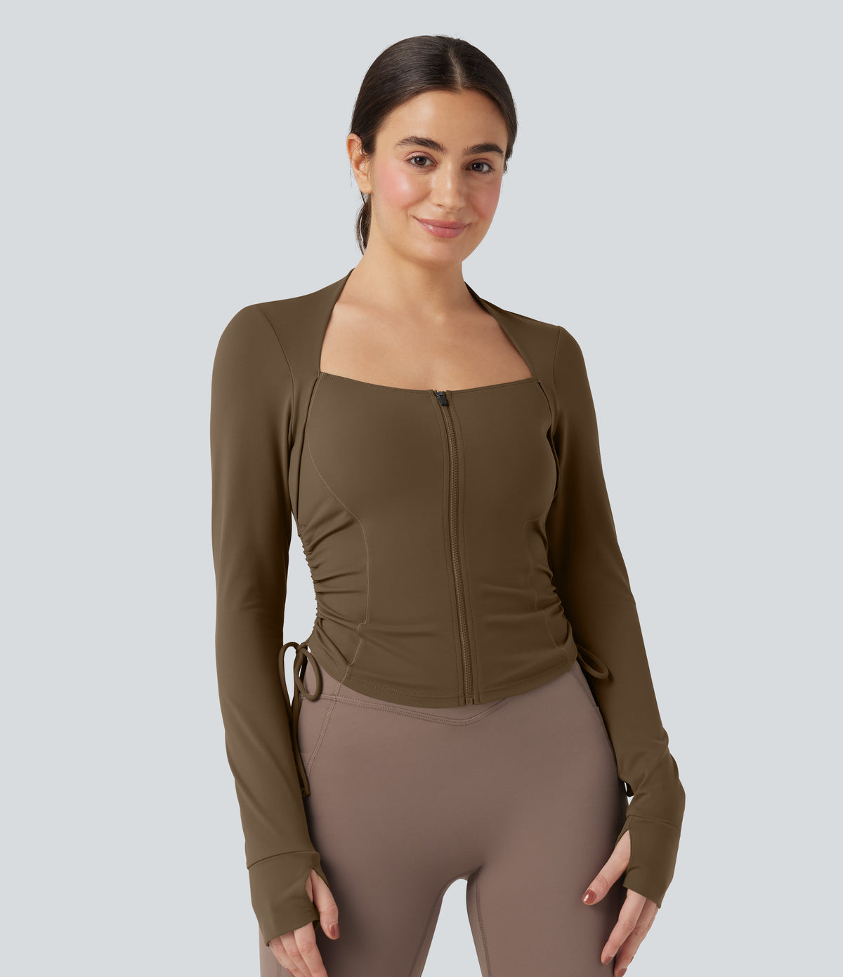 Plush Long Sleeve Thumb Hole Drawstring Yoga Jacket — Chestnut Brown — view 1