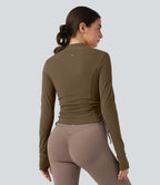 Plush Long Sleeve Thumb Hole Drawstring Yoga Jacket — Chestnut Brown — view 2
