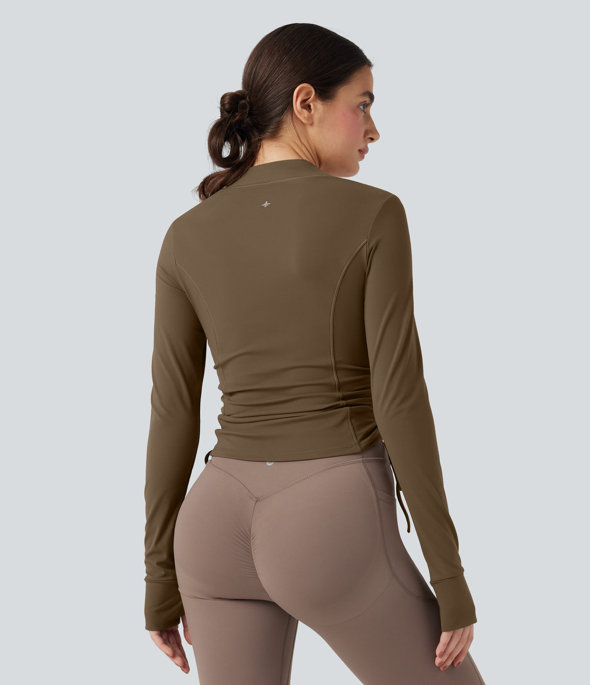 Plush Long Sleeve Thumb Hole Drawstring Yoga Jacket — Chestnut Brown — view 2