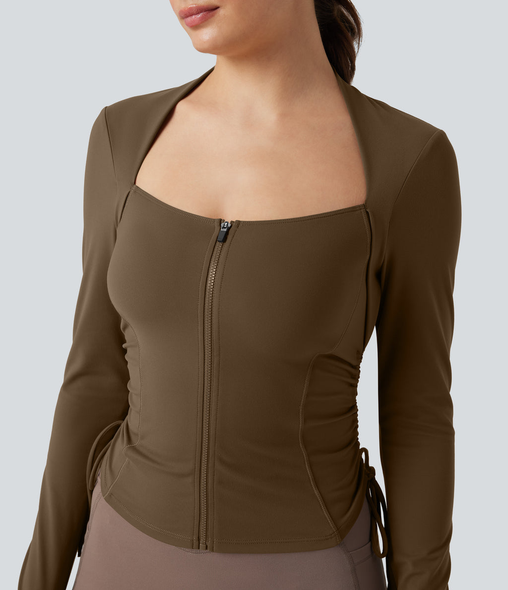 Plush Long Sleeve Thumb Hole Drawstring Yoga Jacket — Chestnut Brown — view 6