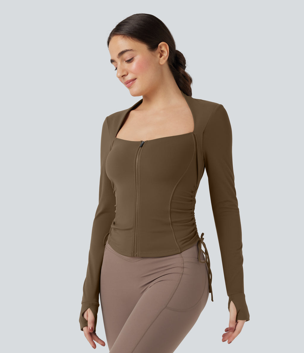 Plush Long Sleeve Thumb Hole Drawstring Yoga Jacket — Chestnut Brown — view 3
