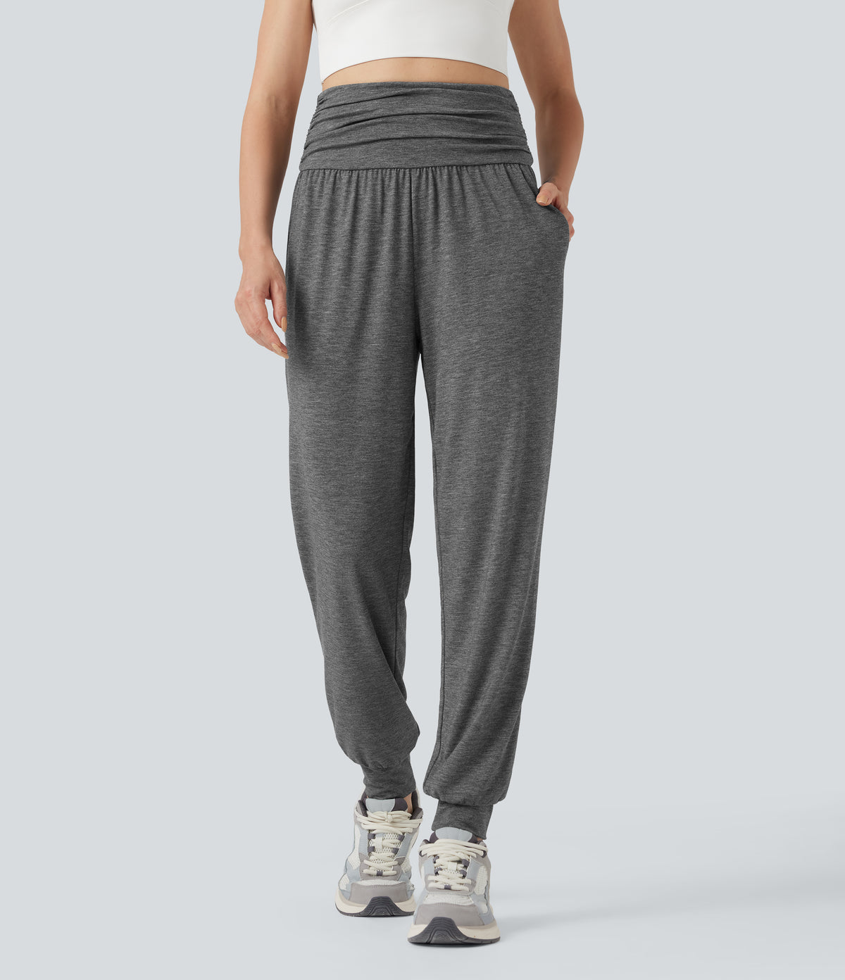 High Waisted Ruched Heathered Yoga Joggers with Pockets — Darl Gray Floral Yarn — view 3