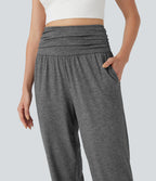 High Waisted Ruched Heathered Yoga Joggers with Pockets — Darl Gray Floral Yarn — view 4