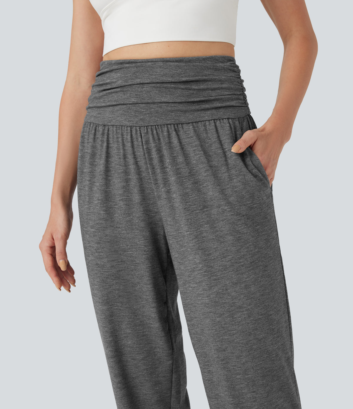 High Waisted Ruched Heathered Yoga Joggers with Pockets — Darl Gray Floral Yarn — view 4