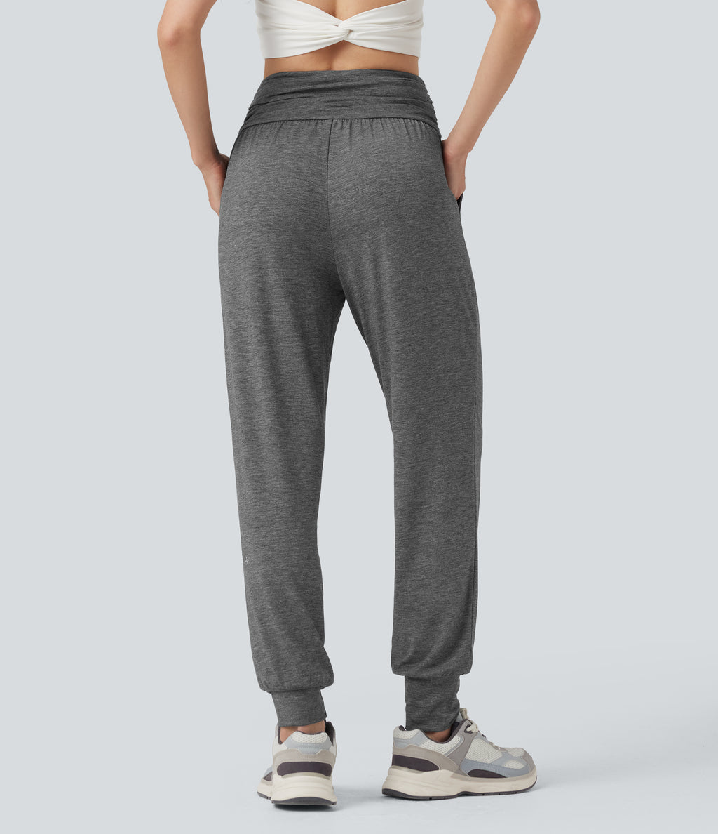 High Waisted Ruched Heathered Yoga Joggers with Pockets — Darl Gray Floral Yarn — view 2