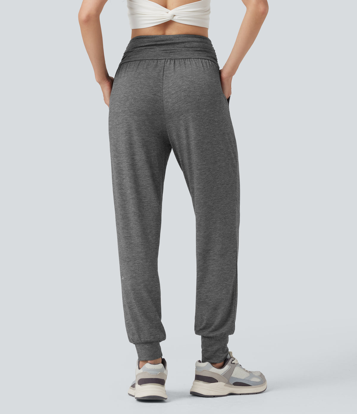 High Waisted Ruched Heathered Yoga Joggers with Pockets — Darl Gray Floral Yarn — view 2