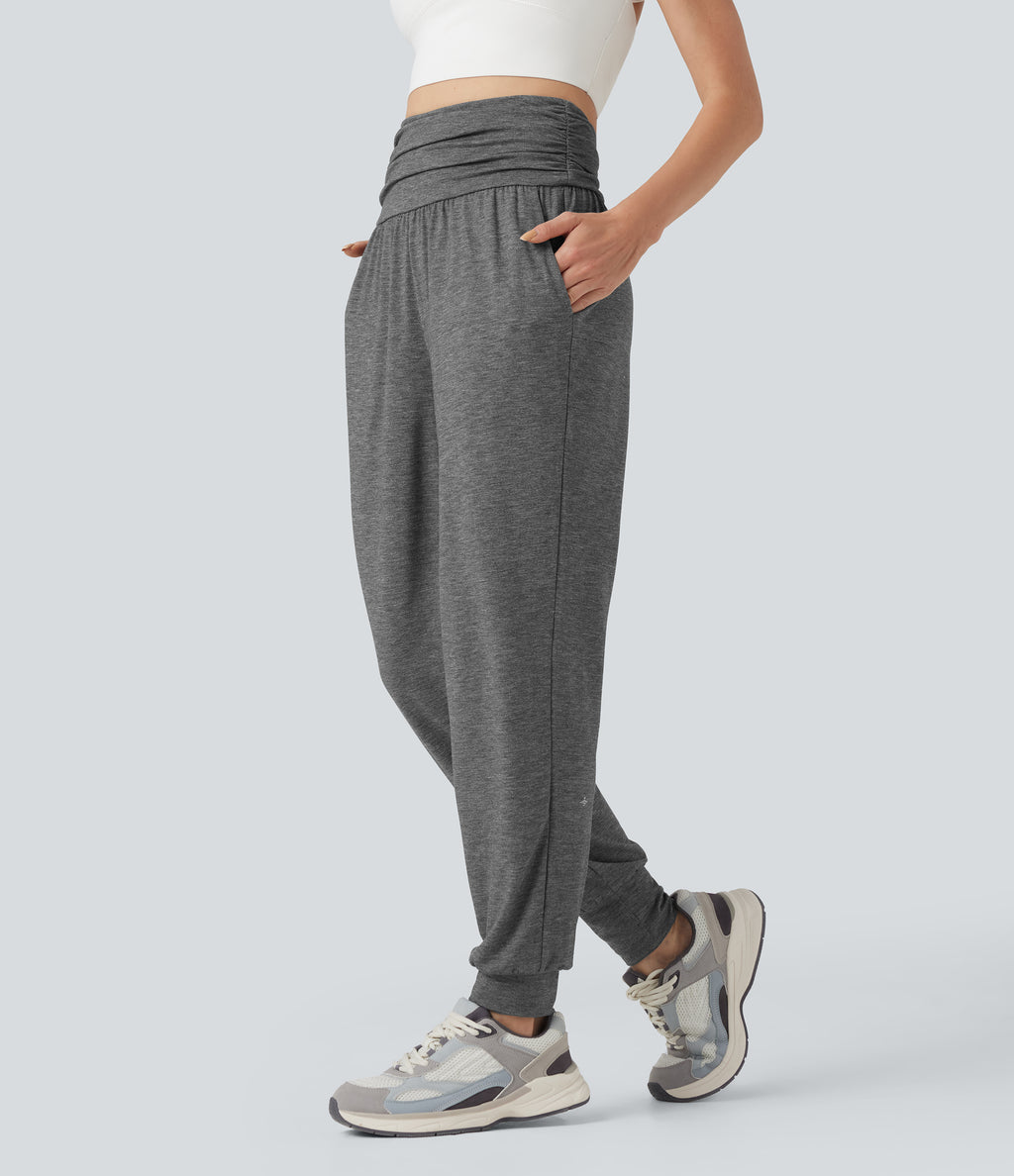 High Waisted Ruched Heathered Yoga Joggers with Pockets — Darl Gray Floral Yarn — view 1