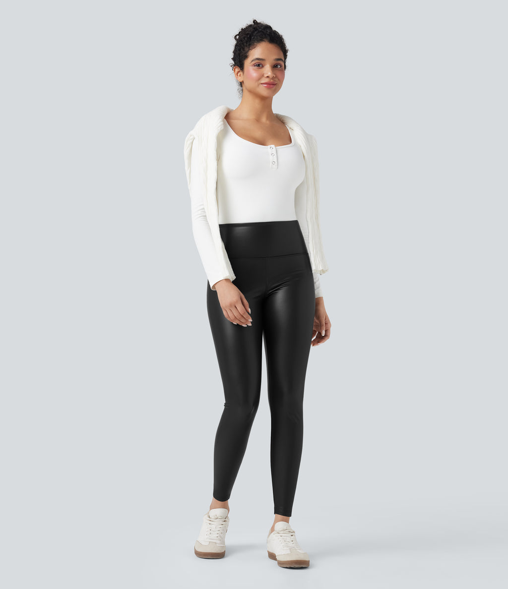 High Waisted Tummy Control Stretchy PU Fleece 7/8 Skinny Casual Leggings with Pockets — Black — view 7
