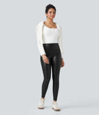High Waisted Tummy Control Stretchy PU Fleece 7/8 Skinny Casual Leggings with Pockets — Black — view 7