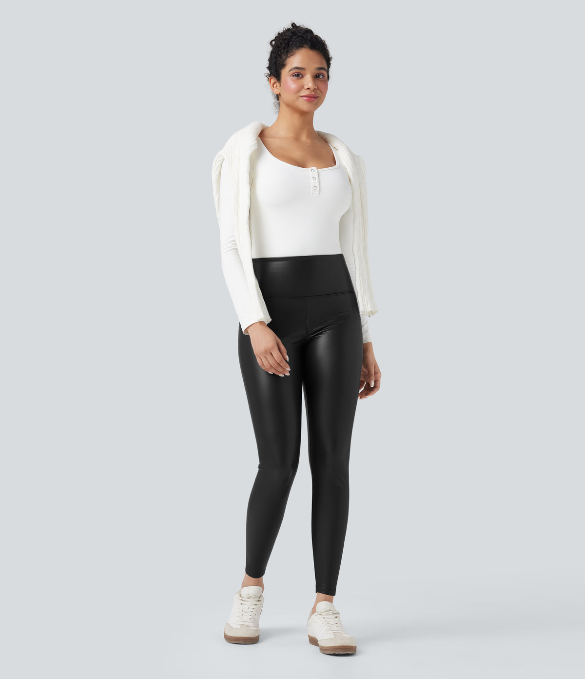 High Waisted Tummy Control Stretchy PU Fleece 7/8 Skinny Casual Leggings with Pockets — Black — view 7