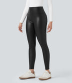 High Waisted Tummy Control Stretchy PU Fleece 7/8 Skinny Casual Leggings with Pockets — Black — view 4