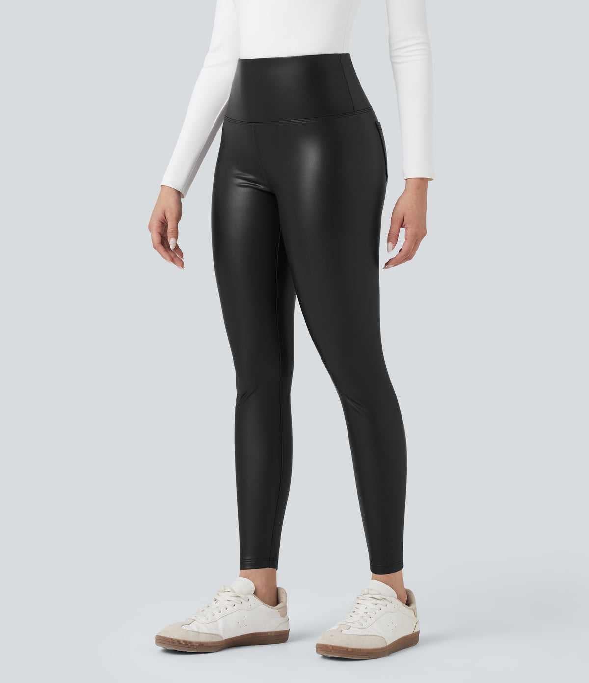 High Waisted Tummy Control Stretchy PU Fleece 7/8 Skinny Casual Leggings with Pockets — Black — view 4