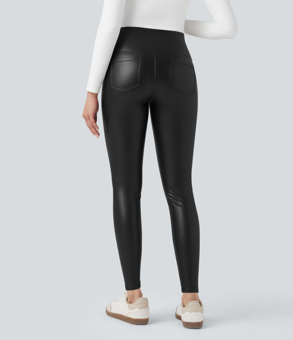 High Waisted Tummy Control Stretchy PU Fleece 7/8 Skinny Casual Leggings with Pockets — Black — view 3