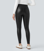 High Waisted Tummy Control Stretchy PU Fleece 7/8 Skinny Casual Leggings with Pockets — Black — view 3