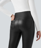 High Waisted Tummy Control Stretchy PU Fleece 7/8 Skinny Casual Leggings with Pockets — Black — view 5
