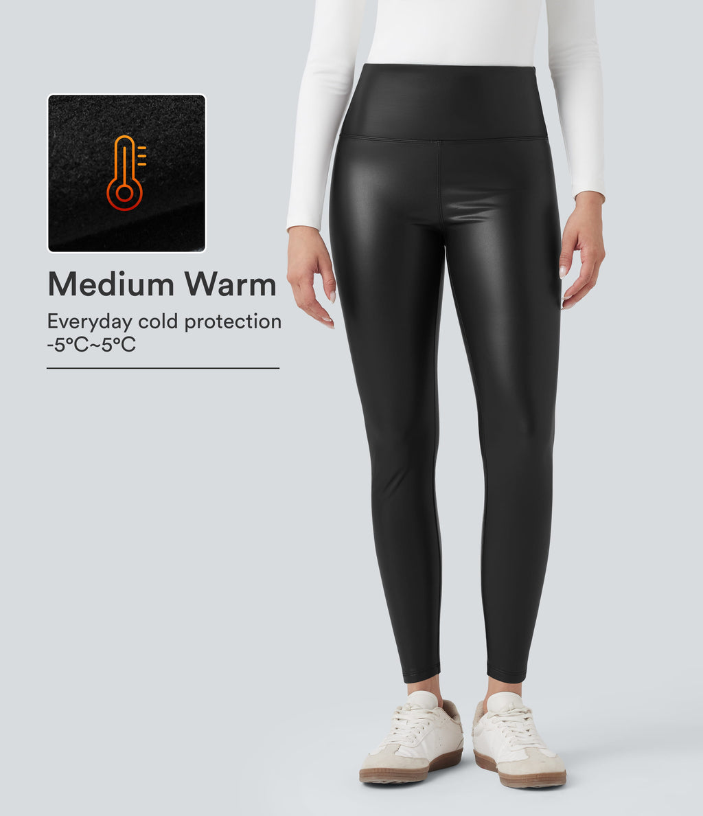 High Waisted Tummy Control Stretchy PU Fleece 7/8 Skinny Casual Leggings with Pockets — Black — view 1