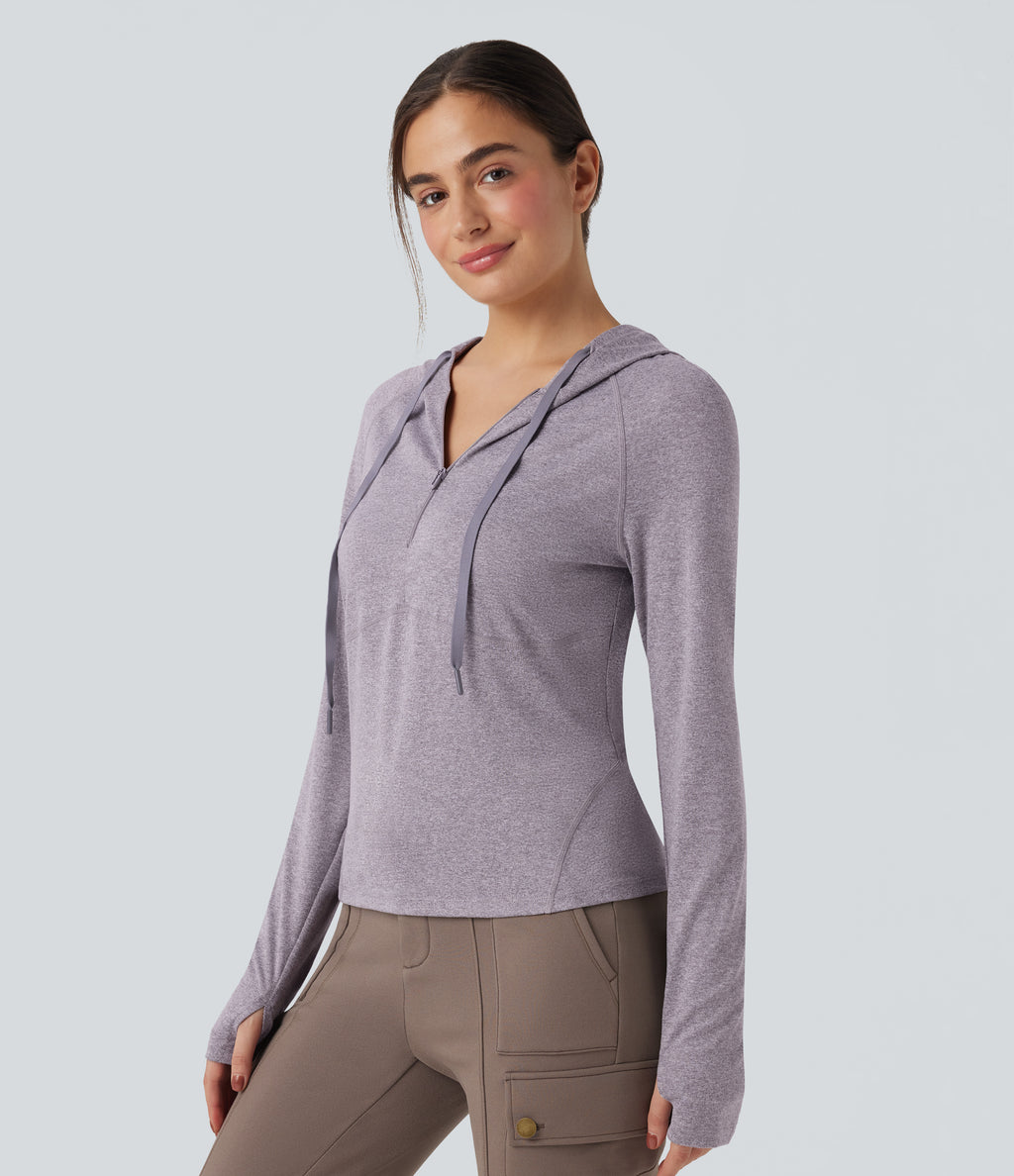 Hooded Drawstring Long Sleeve Thumb Hole Hiking Sports Sweatshirt with Pocket — Purple Ash Floral Yarn — view 3