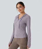 Hooded Drawstring Long Sleeve Thumb Hole Hiking Sports Sweatshirt with Pocket — Purple Ash Floral Yarn — view 3