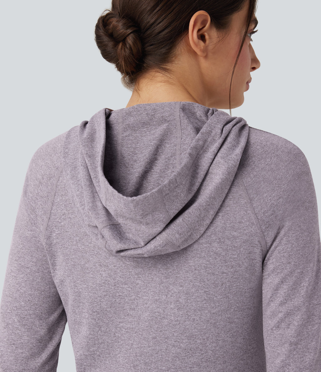 Hooded Drawstring Long Sleeve Thumb Hole Hiking Sports Sweatshirt with Pocket — Purple Ash Floral Yarn — view 4
