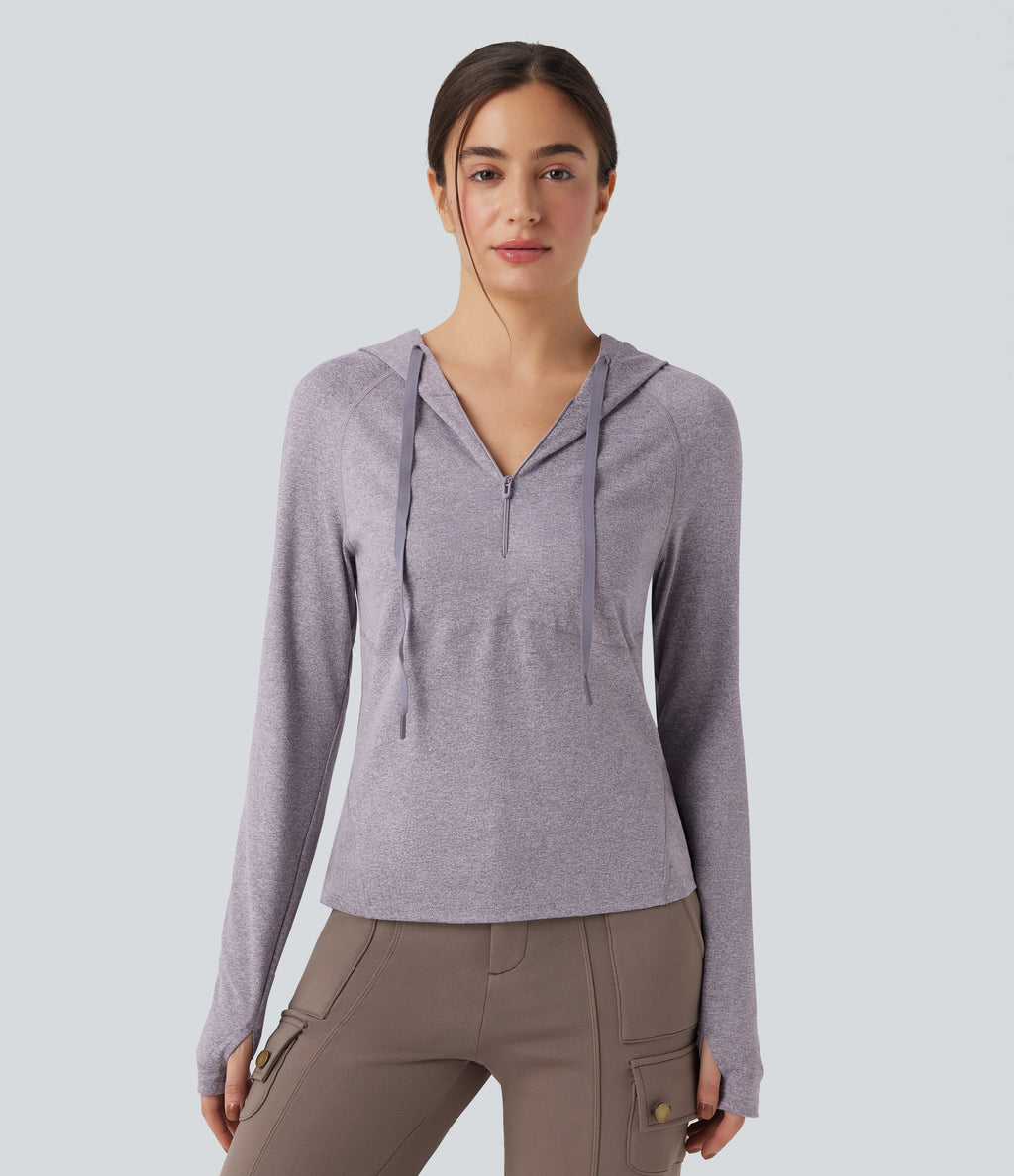 Hooded Drawstring Long Sleeve Thumb Hole Hiking Sports Sweatshirt with Pocket — Purple Ash Floral Yarn — view 1