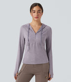 Hooded Drawstring Long Sleeve Thumb Hole Hiking Sports Sweatshirt with Pocket — Purple Ash Floral Yarn — view 1