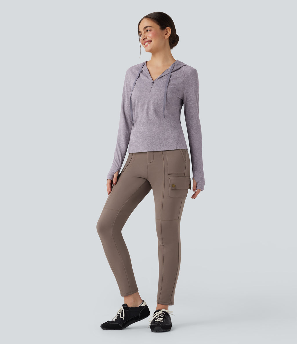 Hooded Drawstring Long Sleeve Thumb Hole Hiking Sports Sweatshirt with Pocket — Purple Ash Floral Yarn — view 7