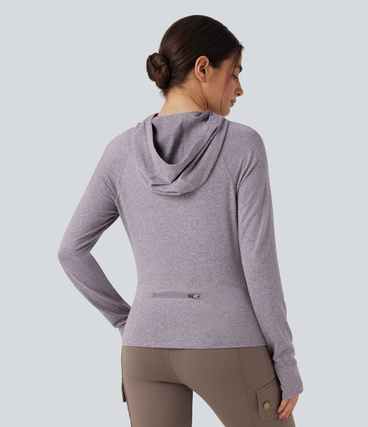 Hooded Drawstring Long Sleeve Thumb Hole Hiking Sports Sweatshirt with Pocket — Purple Ash Floral Yarn — view 2