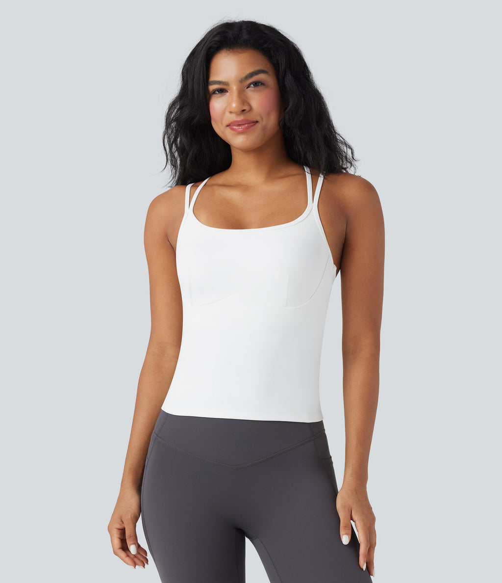 Plush Double Straps Crisscross Back Yoga Tank Vest Top-Longer Length — White — view 2