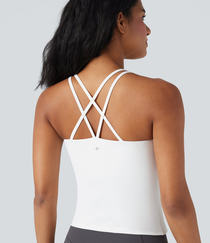 Plush Double Straps Crisscross Back Yoga Tank Vest Top-Longer Length — White — view 1
