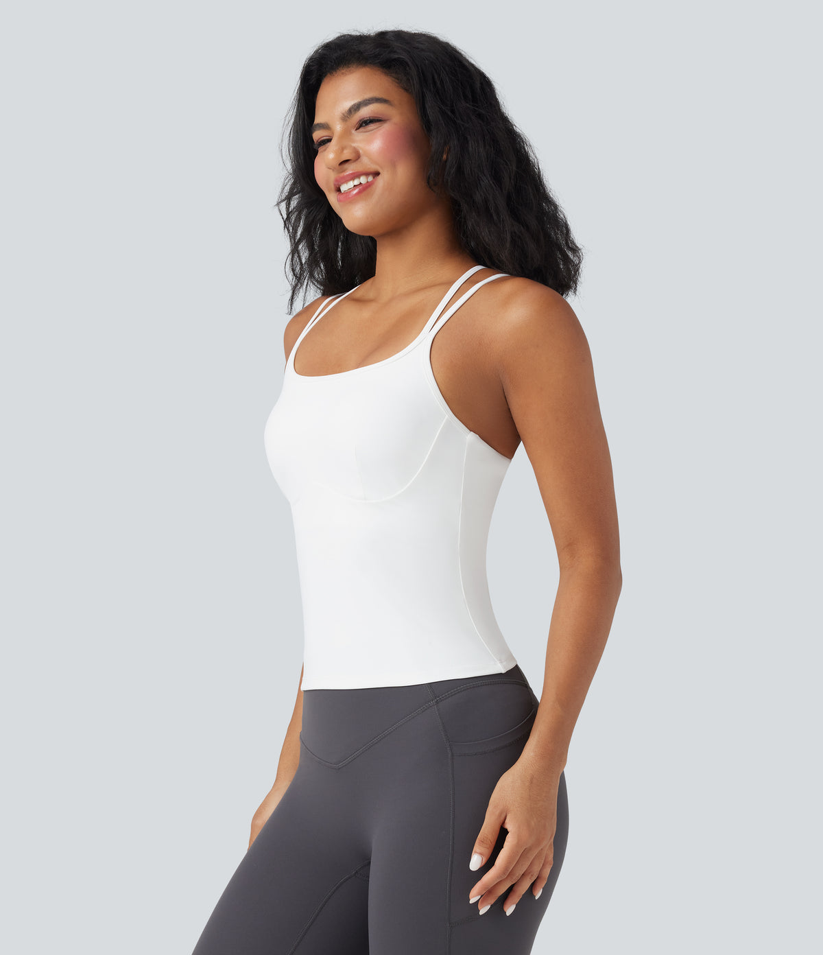 Plush Double Straps Crisscross Back Yoga Tank Vest Top-Longer Length — White — view 3