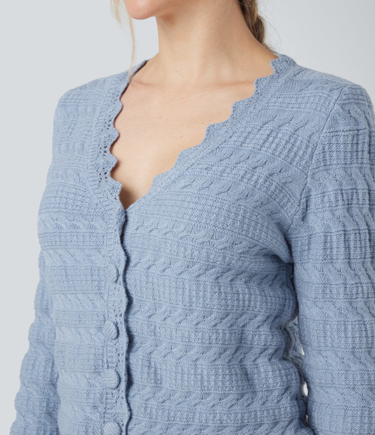 V Neck Long Sleeve Jumper Knit Casual Cardigan — Light Grey Blue — view 5