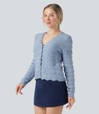 V Neck Long Sleeve Jumper Knit Casual Cardigan — Light Grey Blue — view 3