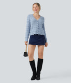V Neck Long Sleeve Jumper Knit Casual Cardigan — Light Grey Blue — view 6