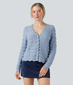 V Neck Long Sleeve Jumper Knit Casual Cardigan — Light Grey Blue — view 4